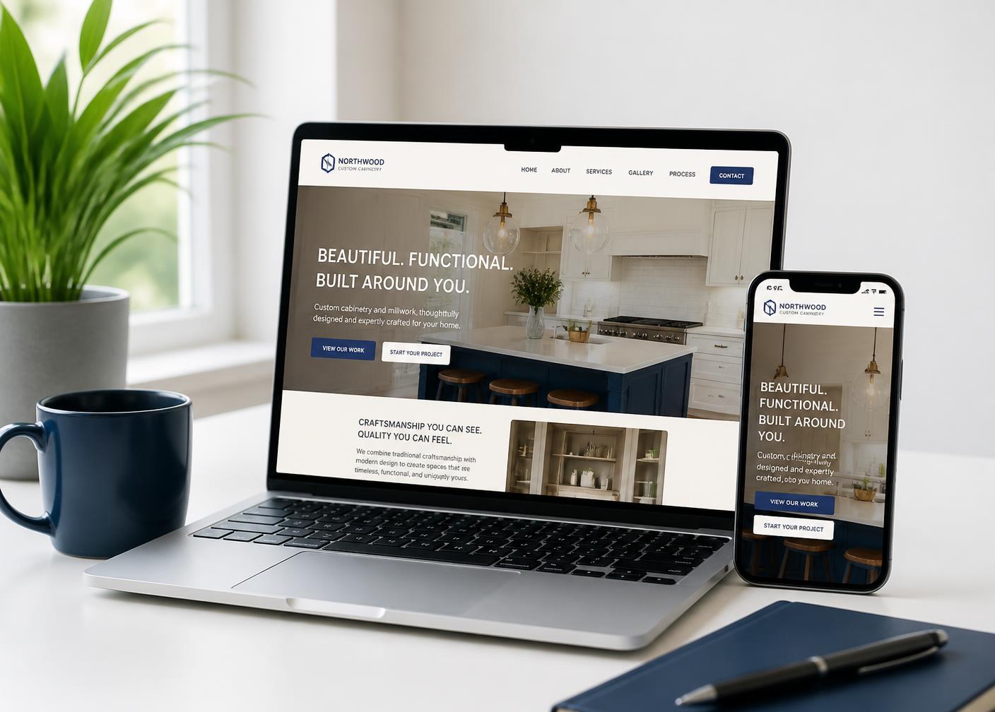 A small business website shown on a laptop and a smartphone