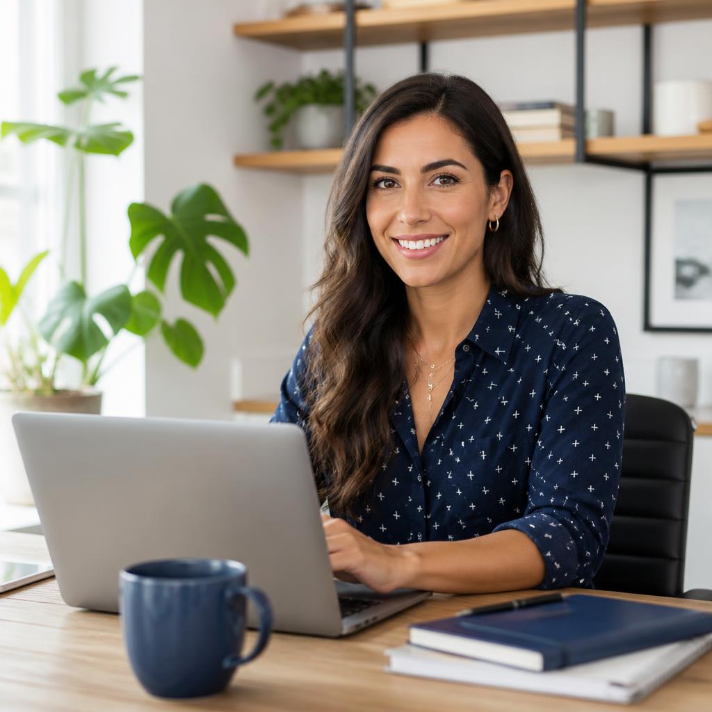 A small business owner smiling while working on a laptop